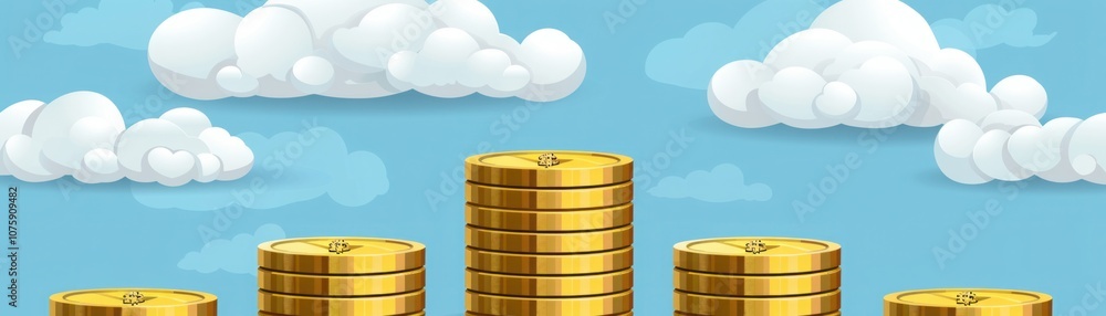 Poster a colorful pyramid layering of gold coins under a blue sky with white clouds illustrating financial 