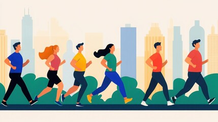 Obraz premium Diverse Group of Individuals Engaging in Outdoor Exercise and Running in a Urban Landscape