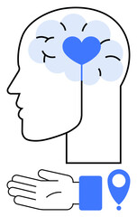Head with brain and heart, extended hand, location marker. Ideal for mental health, emotional support, mindfulness, compassion, psychological care wellness human connection. Line metaphor