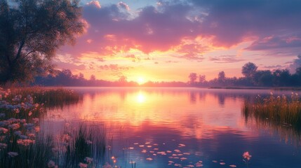 Serene Sunset over a Tranquil Lake
