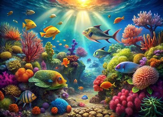 Obraz premium Surreal Underwater Landscape of Colorful Reef Life with Vibrant Coral, Tropical Fish, and Dreamlike Visual Effects for a Fantasy Ocean Scene