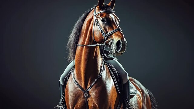 A brown horse with a black mane and tail stands in front of a dark background, wearing a bridle and saddle