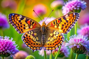 Obraz premium a butterfly is sitting on a flower with the sun behind it