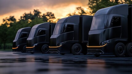 Black Electric Semi-Trucks at Dusk