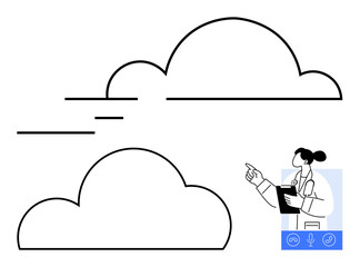 Doctor pointing to cloud icons, discussing digital record keeping, and tech advancements in telemedicine, data security, and patient care. Ideal for healthcare, technology, telemedicine, data