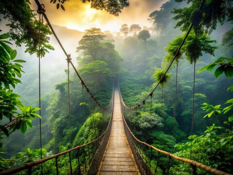 Fototapeta Suspended Rope Bridge in a Lush Misty Forest Inviting Adventure and Discovery Amidst Tranquil Greenery Extending into the Distance for Nature and Exploration Enthusiasts