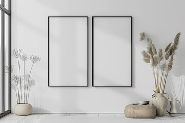 A minimalist interior scene featuring two empty frames, soft light, and neutral decor, creating a serene and modern atmosphere.