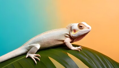 Lizard basking on leaf, bold colors, textured skin detail, 3D illustration.