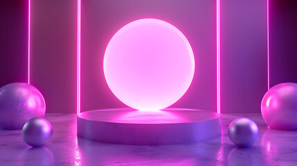 Obraz premium A sleek and modern 3D scene featuring a glowing neon ring at the center, emitting a bright pink magenta light The scene is set against a gradient backdrop with shades of deep pink and purple