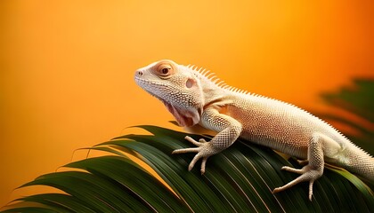 Lizard basking on leaf, bold colors, textured skin detail, 3D illustration.