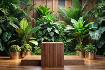 Obraz premium Top View of a Modern Teak Wood Podium Surrounded by Lush Tropical Greenery Perfect for Elegant Product Display and Photography in a Serene Natural Setting