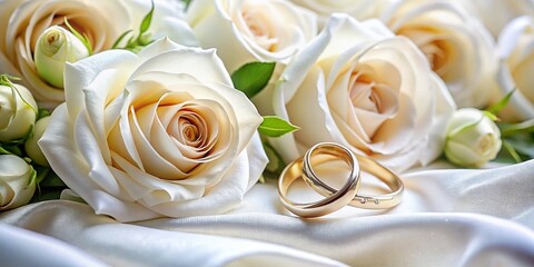 Obraz premium Top View of Wedding Rings and White Roses Bouquet on Soft Pink Background with Silk Fabric for a Romantic Wedding Theme