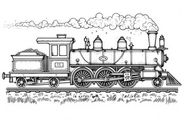 Illustrative vintage steam locomotive in black and white, showcasing intricate details and a classic design.