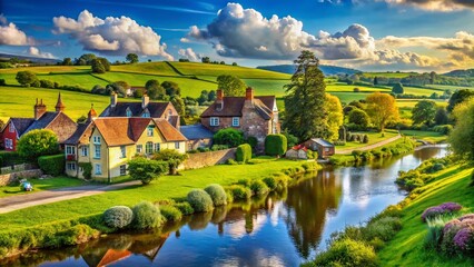 Obraz premium Tranquil Village Life: A Scenic Landscape with Traditional Homes, Lush Fields, and a Serene River in the Background, Perfect for Capturing the Essence of Rural Living