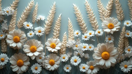 An outline of tall wheat stalks encircled by blooming daisies.