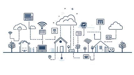 A graphic representation of a smart home ecosystem with various connected devices and cloud technology.