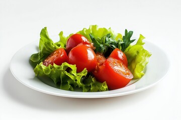 Fresh cherry tomatoes and lettuce on a white plate.