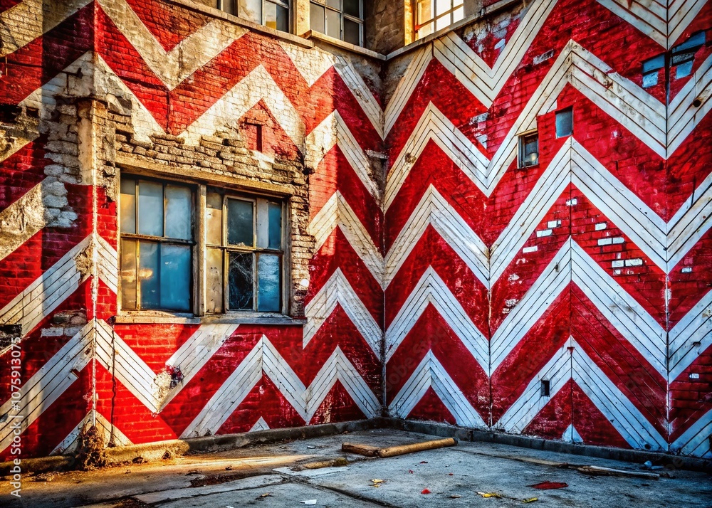 Poster urban exploration photography featuring a striking red and white chevron pattern with urban textures