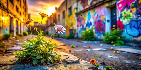 Urban Exploration Photography Featuring Cute Little Flowers Amidst Concrete and Graffiti, Capturing Nature’s Resilience in an Urban Environment