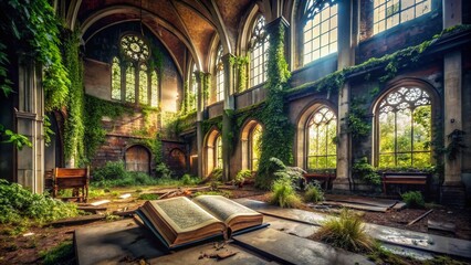 Fototapeta premium Urban Exploration Photography Featuring Inspirational Bible Scriptures in Abandoned City Settings with Nature Overgrowth and Grunge Aesthetic