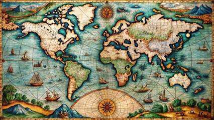 Naklejka premium An Illustrated Map of the World with Detailed Coastlines, Depicting Land Masses and Water Bodies with a Compass Rose at the Center.
