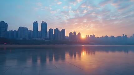 Obraz premium Asphalt road and modern city skyline with buildings in Hangzhou at sunset