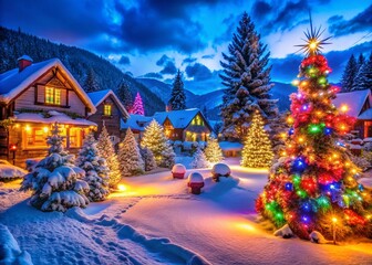 Vibrant and Colorful Christmas Scene Featuring Festive Lights, Decorations, and Snow-Covered Landscapes in a Panoramic View for Holiday Cheer and Joyful Celebrations