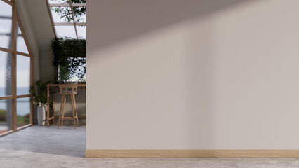 A Scandinavian minimalist indoor corridor features an empty white wall through a room.