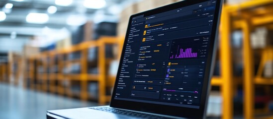 Laptop with Analytics Dashboard in a Warehouse