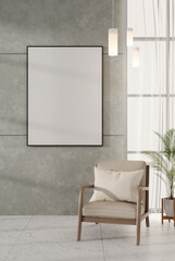 A modern loft living room features the cement wall with a blank picture frame mockup.