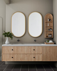 The interior design of a contemporary, elegant bathroom features a minimalist wooden vanity cabinet.