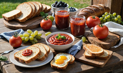 A table with a variety of food items including bread, tomatoes, and grapes