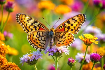 Naklejka premium Leopard Butterfly Close-Up Collecting Nectar on Wild Flowers in Daylight, Vibrant Macro Nature Photography, Delicate Beauty and Tranquility in Blooming Meadow neon color