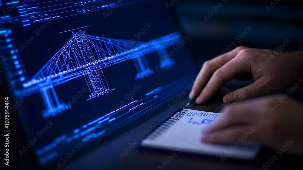 Fototapete A person is typing on a notebook while viewing a digital representation of a bridge on a computer screen, highlighting concepts of design and technology.