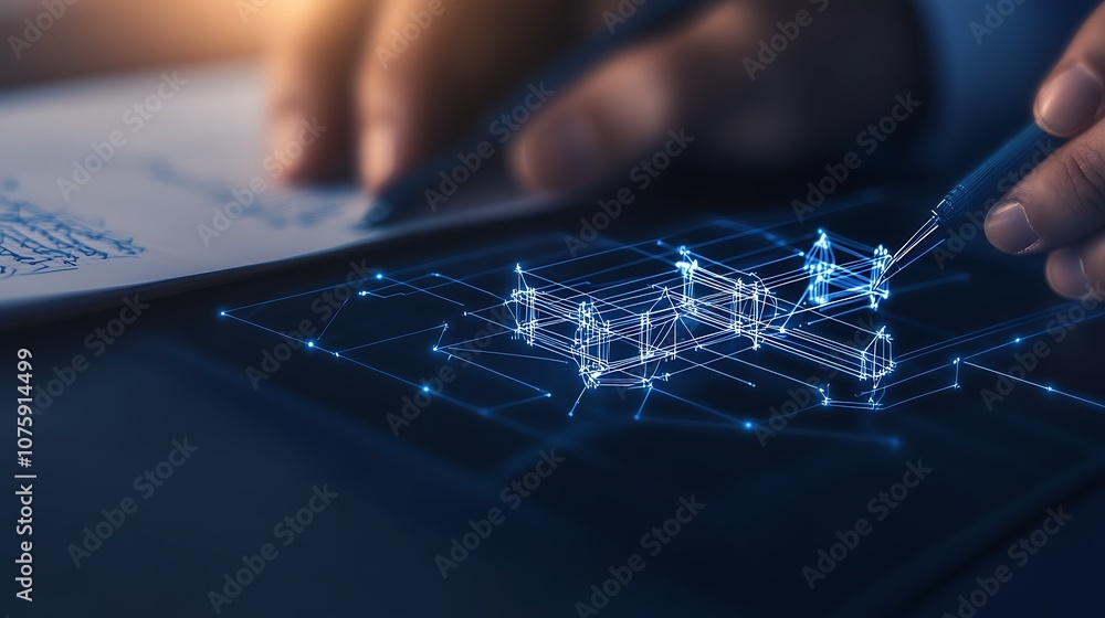 Poster A person uses a digital pen on a futuristic display, composing data or designs with glowing network connections, symbolizing technological advancement.