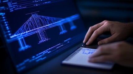 A person is typing on a notebook while viewing a digital representation of a bridge on a computer screen, highlighting concepts of design and technology.