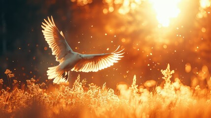 A white bird soars through the air, wings outstretched, against a backdrop of a golden sunset and bokeh lights.