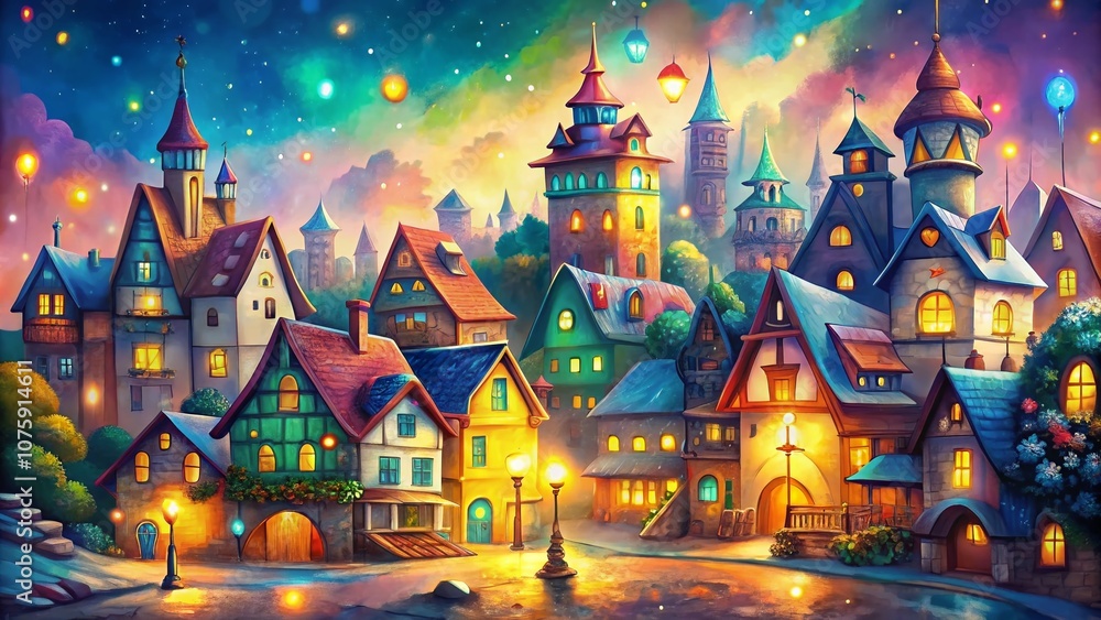 Poster Vibrant Cartoon Cityscape with Bokeh Effect, Showcasing Playful Architecture and Lively Atmosphere, Perfect for Backgrounds and Creative Projects in Animation and Design