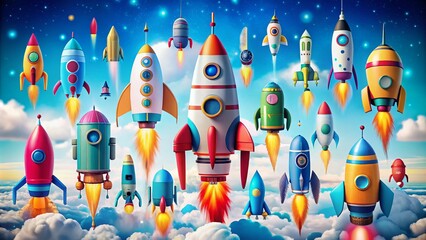 Vibrant Collection of Cartoon Rockets in Various Shapes and Designs for Creative Projects and Templates