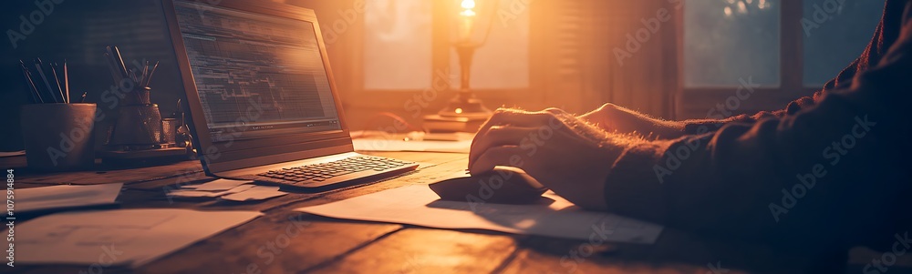 Poster a warm, ambient workspace featuring a hand on a mouse beside a laptop, illuminated by soft sunlight.