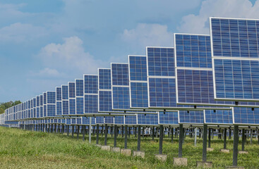 rows array of polycrystalline silicon solar cells or photovoltaic cells in solar power plant station