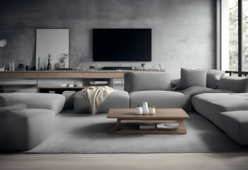 design cement living coffeetable wood interior unit contemporary table elegant flat sofa livingroom plant indoor decor armchair window curtain flooring tv white roomy paneling couch floor nobody apart