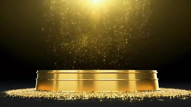 Golden podium spotlight confetti dark background video creating glamorous setting award ceremonies product promotions dais colours black gold glistering light abstract circle shine shiny sparkle