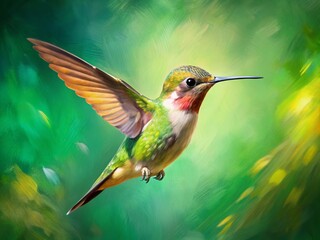 Fototapeta premium Vibrant Hummingbird in Flight Against a Green Brush Stroke Background, Capturing the Essence of Nature's Beauty and Inspiration for Wall Art Decor