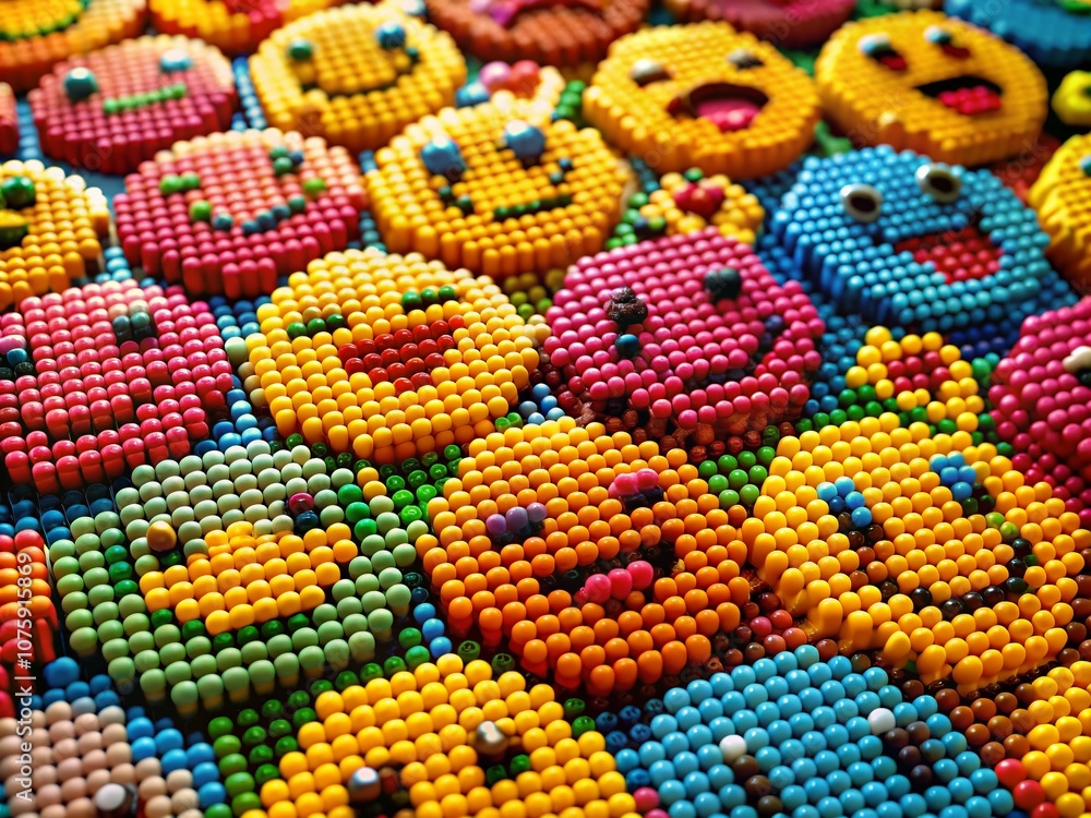 Poster vibrant macro photography of colorful emoji pixels showcasing digital expression and playful communi
