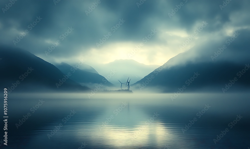 Poster a serene misty landscape featuring a calm water body surrounded by mountains and enveloped in clouds