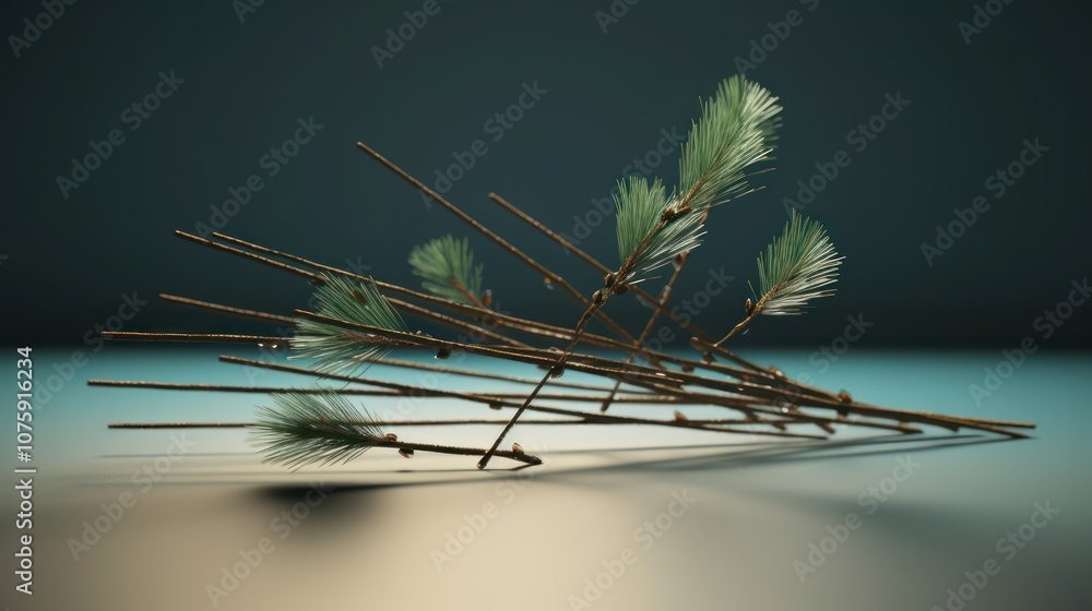 Poster a minimalist 3d rendering of a christmas tree branch with a few simple needles.