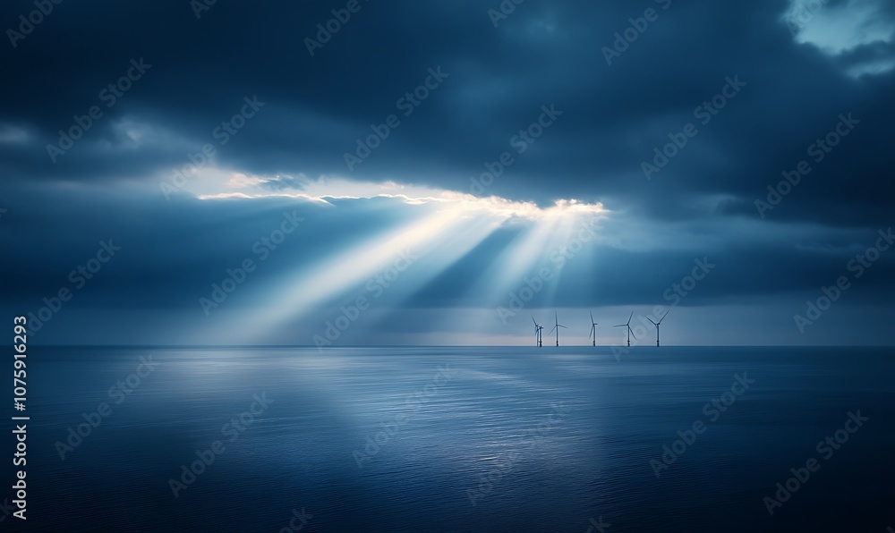 Aufkleber a serene seascape featuring rays of light streaming through dark clouds over calm waters, creating a