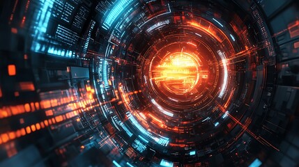 Obraz premium A futuristic digital tunnel with glowing orange and blue lines representing technology and data flow.