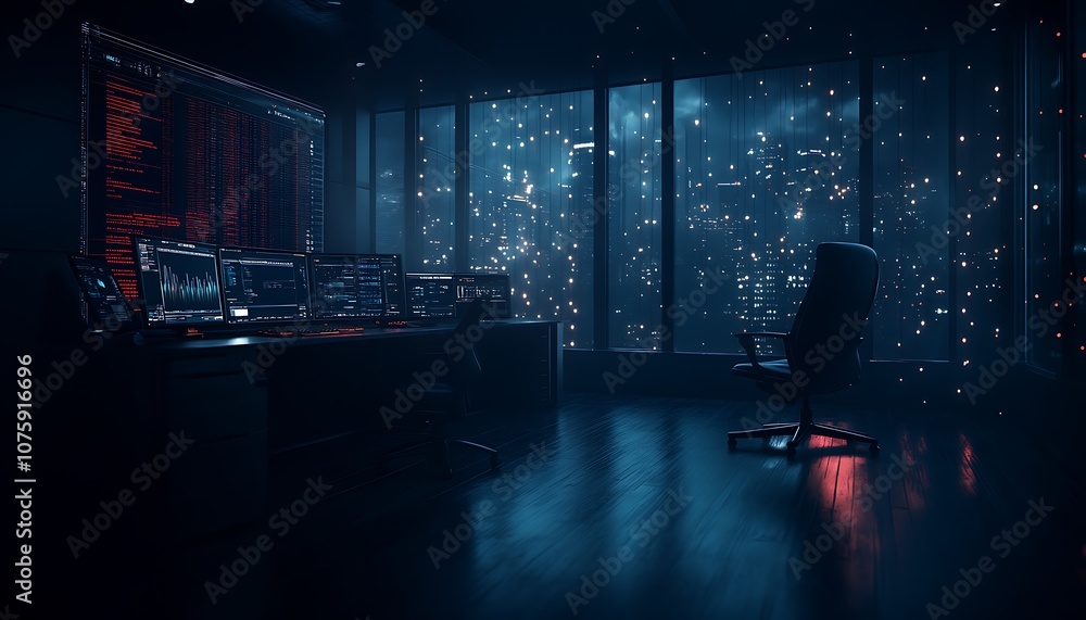 Aufkleber a high-tech workspace illuminated by blue and red lighting, featuring a modern desk, computer setup,
